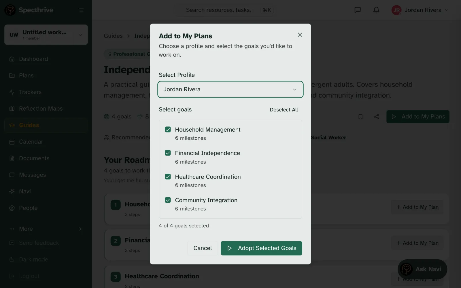 The Add to My Plans window, with a profile chosen and four goals ticked above the Adopt Selected Goals button