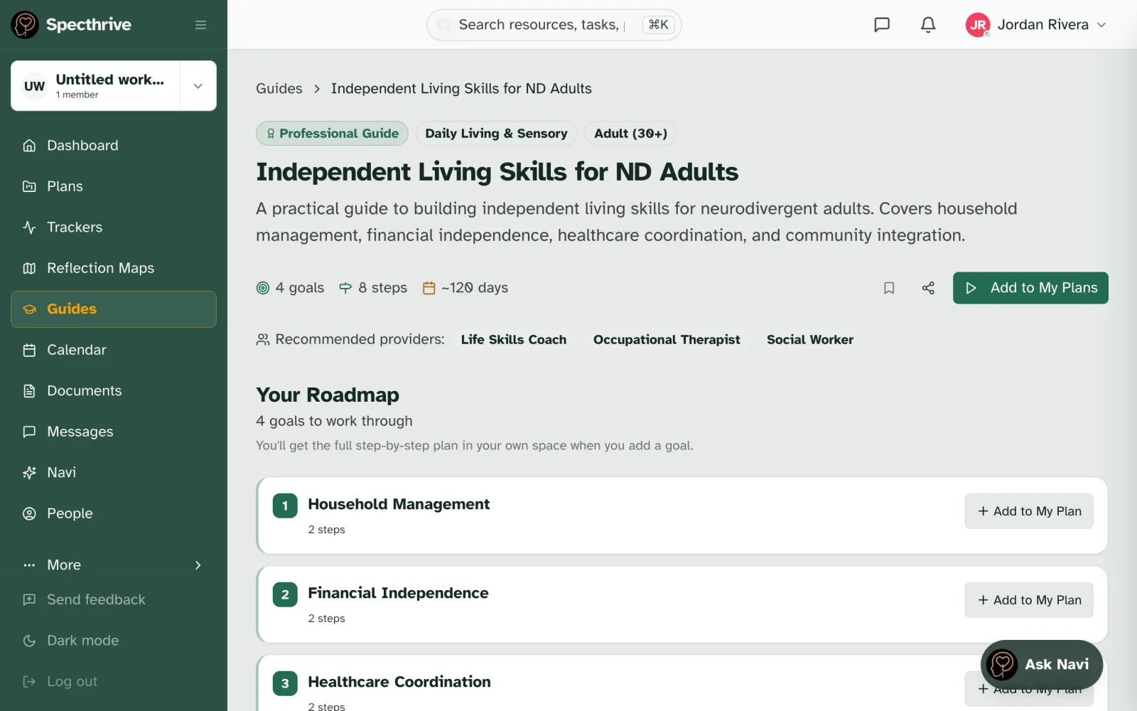 A guide page for Independent Living Skills for ND Adults, showing its goals, steps and length, the Add to My Plans button and the roadmap