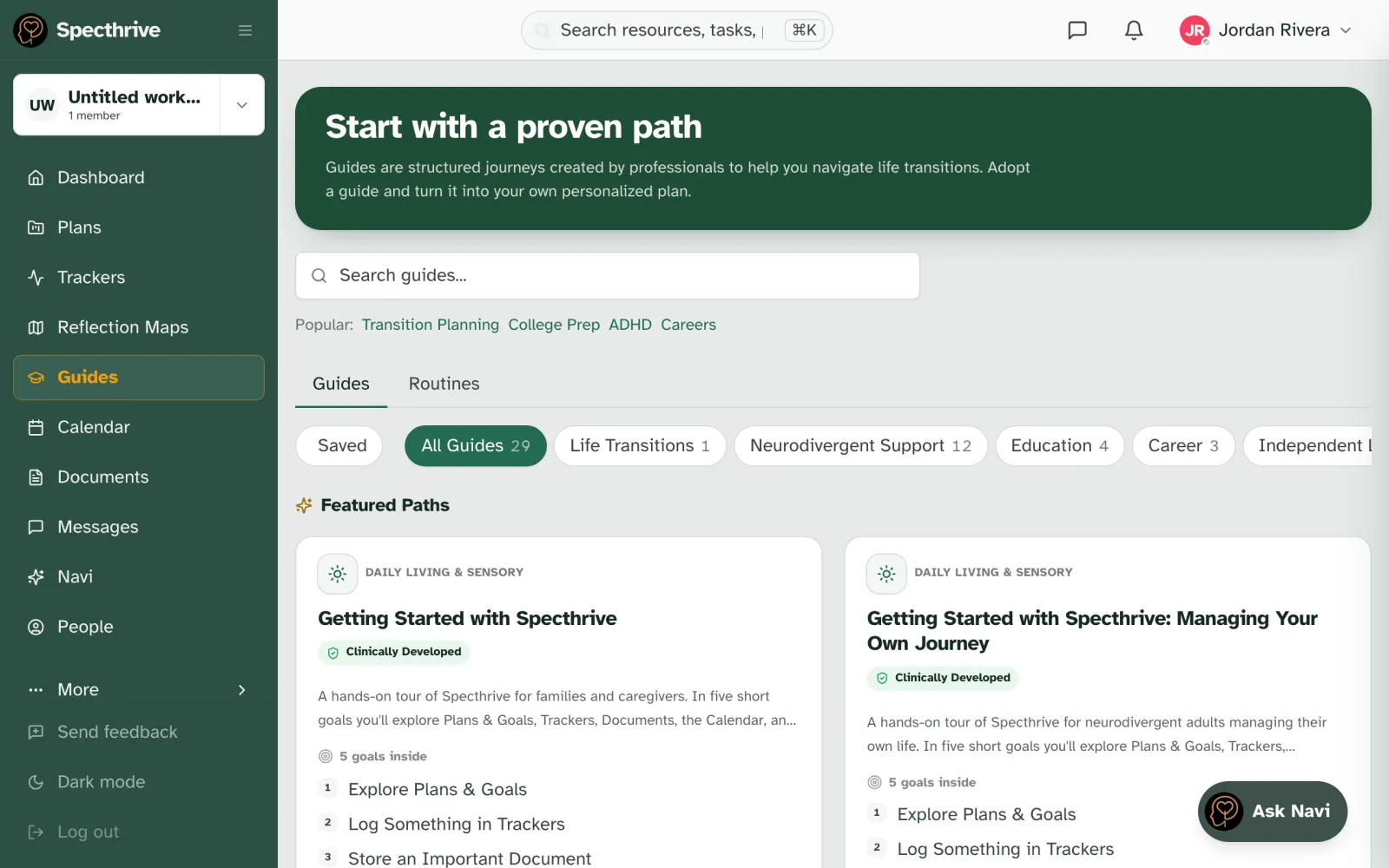 The Guides page, with a search box, popular topics, category filters and the first Featured Paths cards