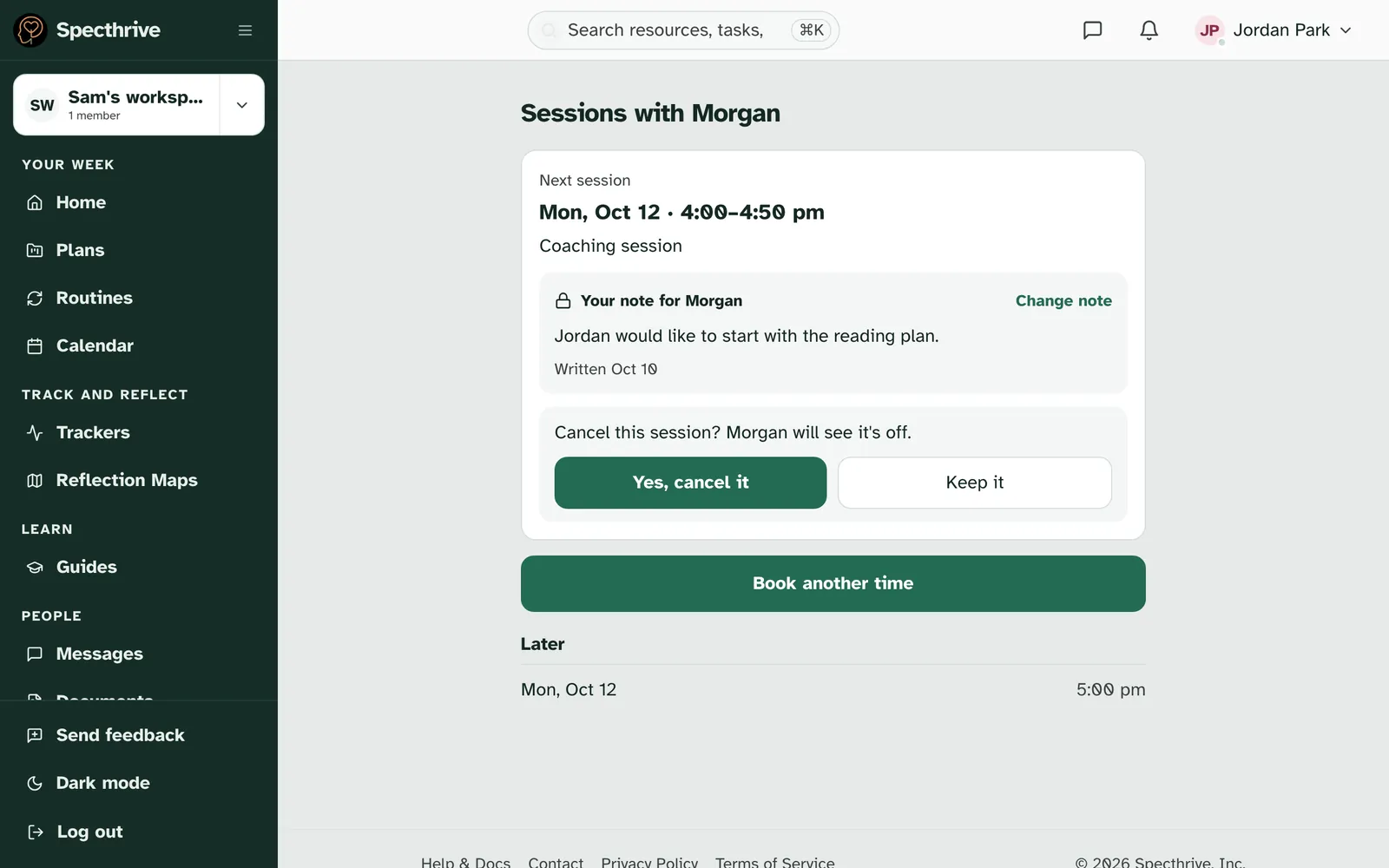 The session card asking Cancel this session? Morgan will see it's off, with Yes, cancel it and Keep it