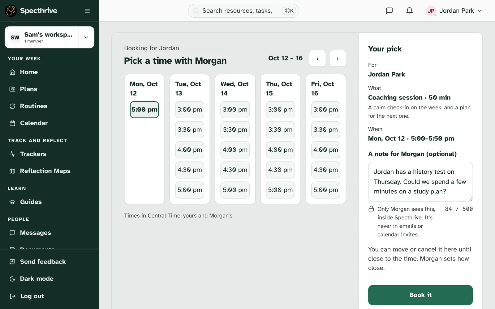 Check and book, with For Jordan Park, With Morgan Lee, the session, the time, a note for Morgan and a Book it button