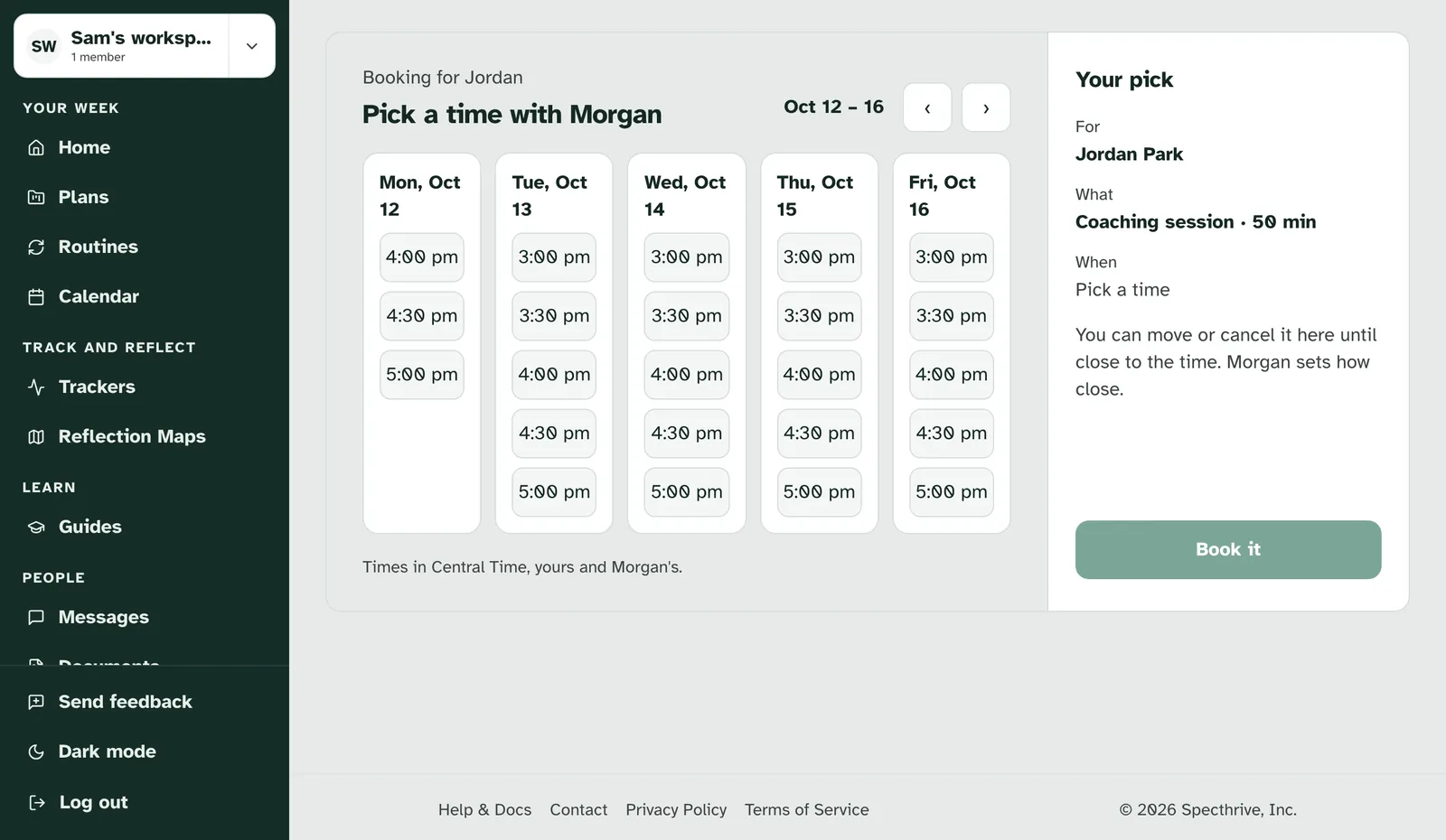 Pick a time with Morgan, with a column of open times for each day of the week
