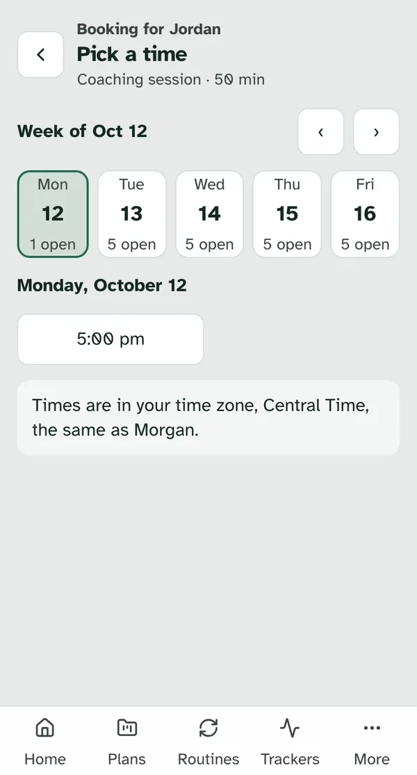 Pick a time on a phone, with the week strip and Monday's open times