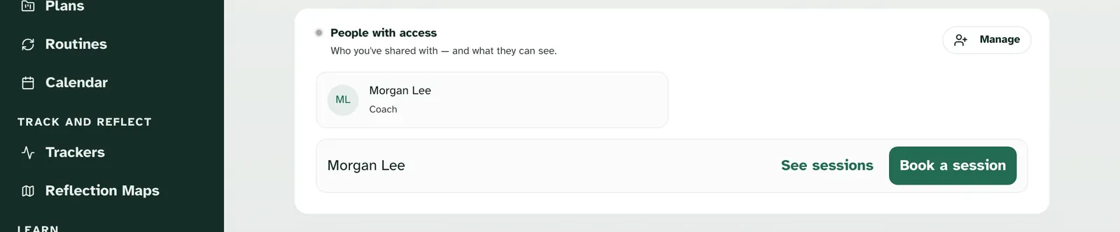 People with access on Jordan's profile, with a row for Morgan Lee showing See sessions and Book a session