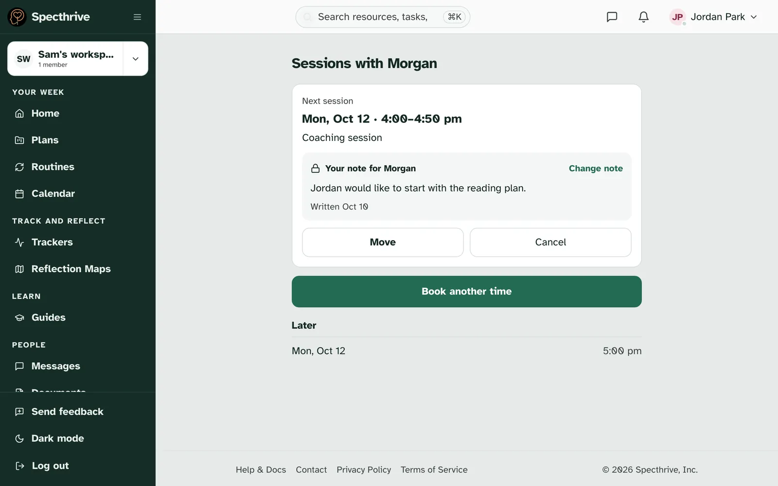 Sessions with Morgan, with the next session in its own card, your note for Morgan, and Move and Cancel buttons