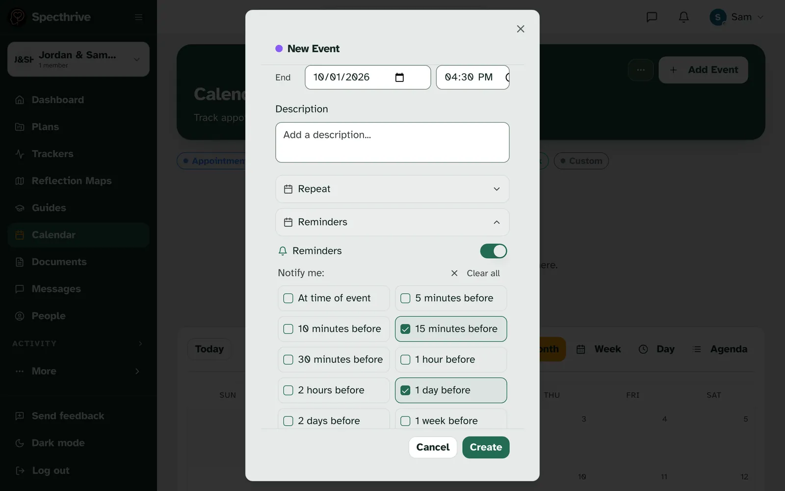 The New Event window scrolled to Reminders, with the Reminders switch on and, under Notify me:, 15 minutes before and 1 day before ticked among the options from At time of event to 1 week before, above Cancel and Create