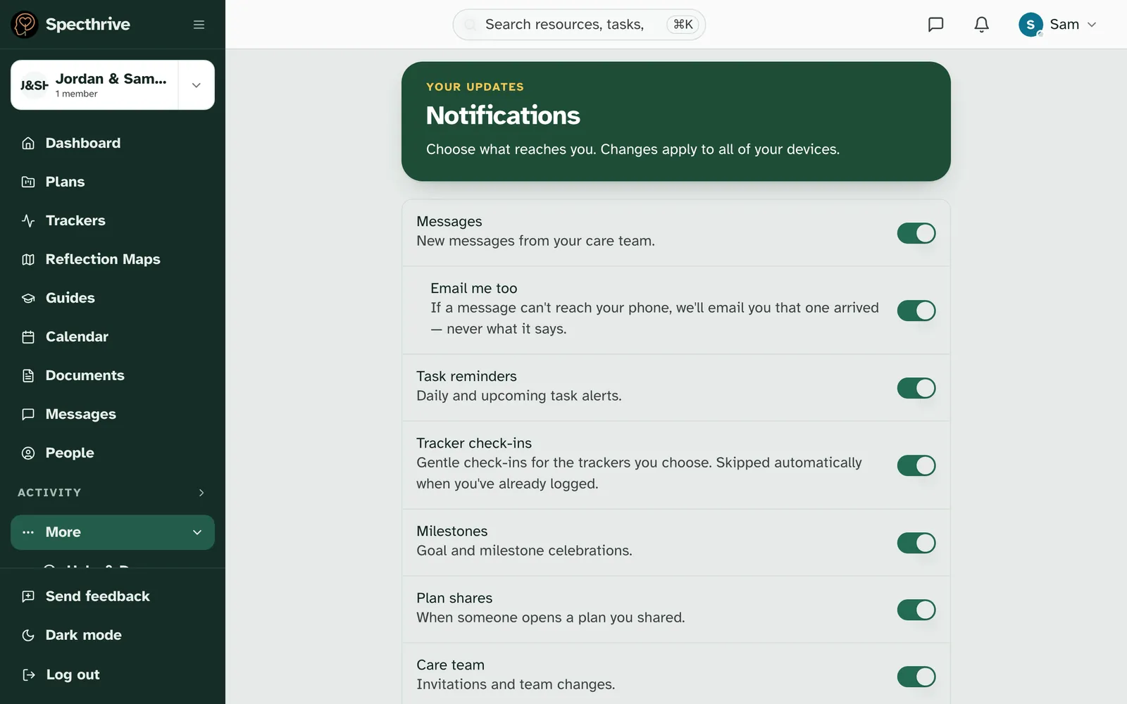 Notifications settings, saying Choose what reaches you. Changes apply to all of your devices., with Task reminders and its line Daily and upcoming task alerts. switched on, among Messages, Tracker check-ins, Milestones and the rest