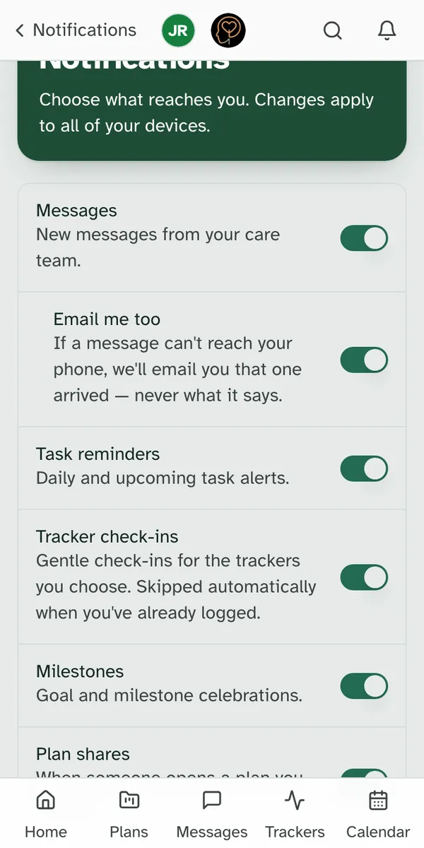The same settings on a phone