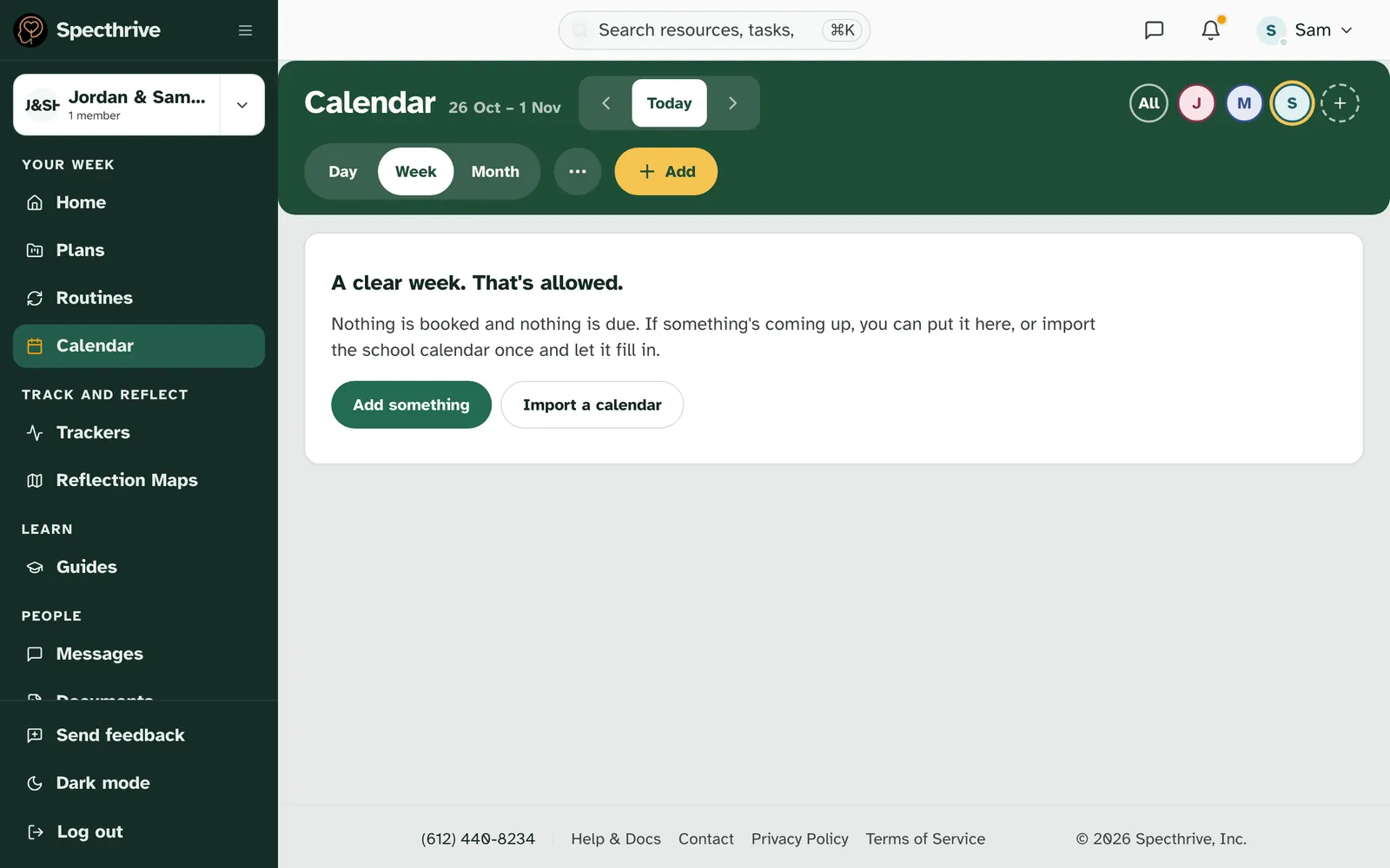 A week with nothing in it, saying A clear week. That's allowed. Nothing is booked and nothing is due, with Add something and Import a calendar