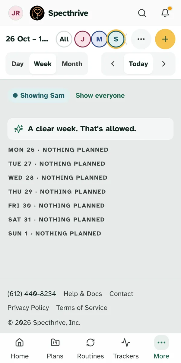 The same clear week on a phone, showing only Sam, with each day saying NOTHING PLANNED
