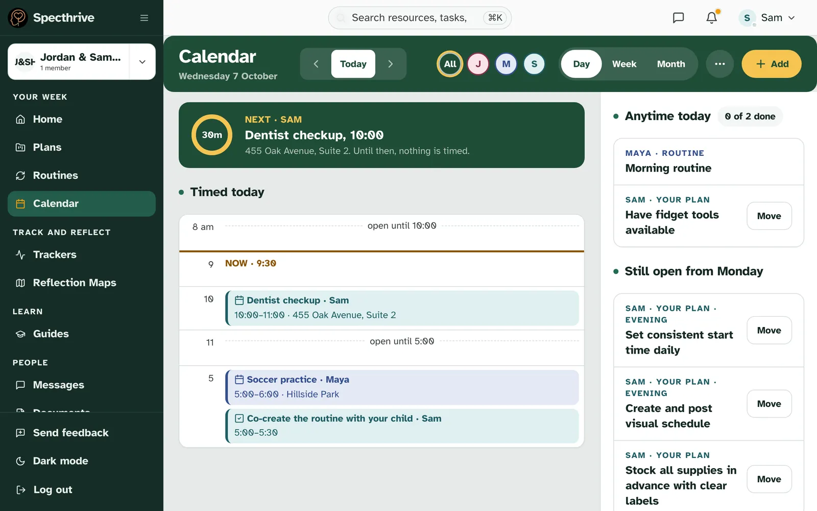 The Day view for Wednesday 7 October: a NEXT · SAM card for Dentist checkup, 10, a Timed today list with NOW · 9, and on the right Anytime today with 0 of 2 done and Still open from Monday