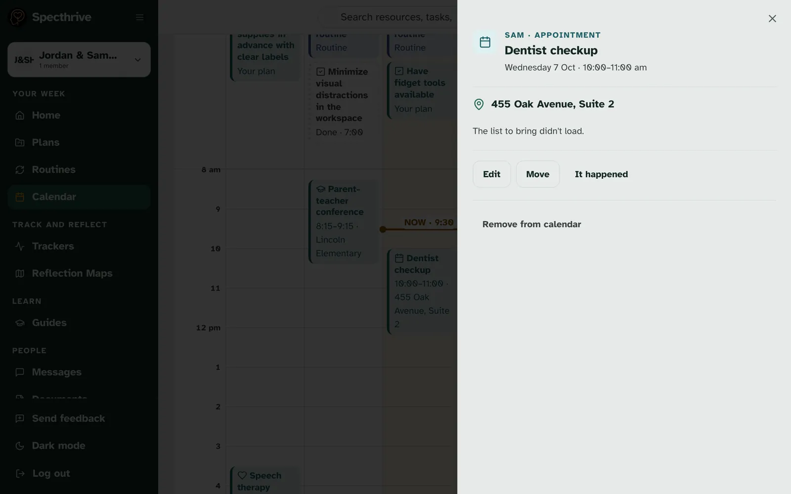 An appointment opened: SAM · APPOINTMENT, Dentist checkup, Wednesday 7 Oct · 10–11 am, the address, then Edit, Move, It happened and Remove from calendar