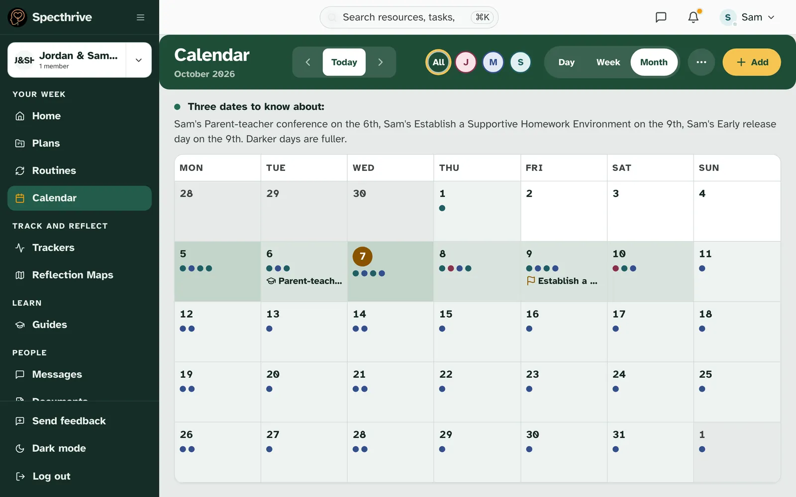 The Month view for October 2026, with Three dates to know about: above the grid, and dots on each day in each person's colour