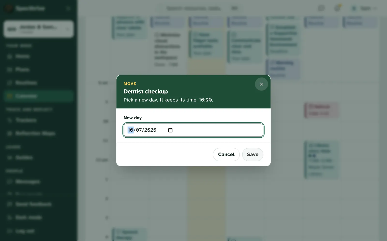 The Move window for Dentist checkup, saying Pick a new day. It keeps its time, 10., with New day, Cancel and Save