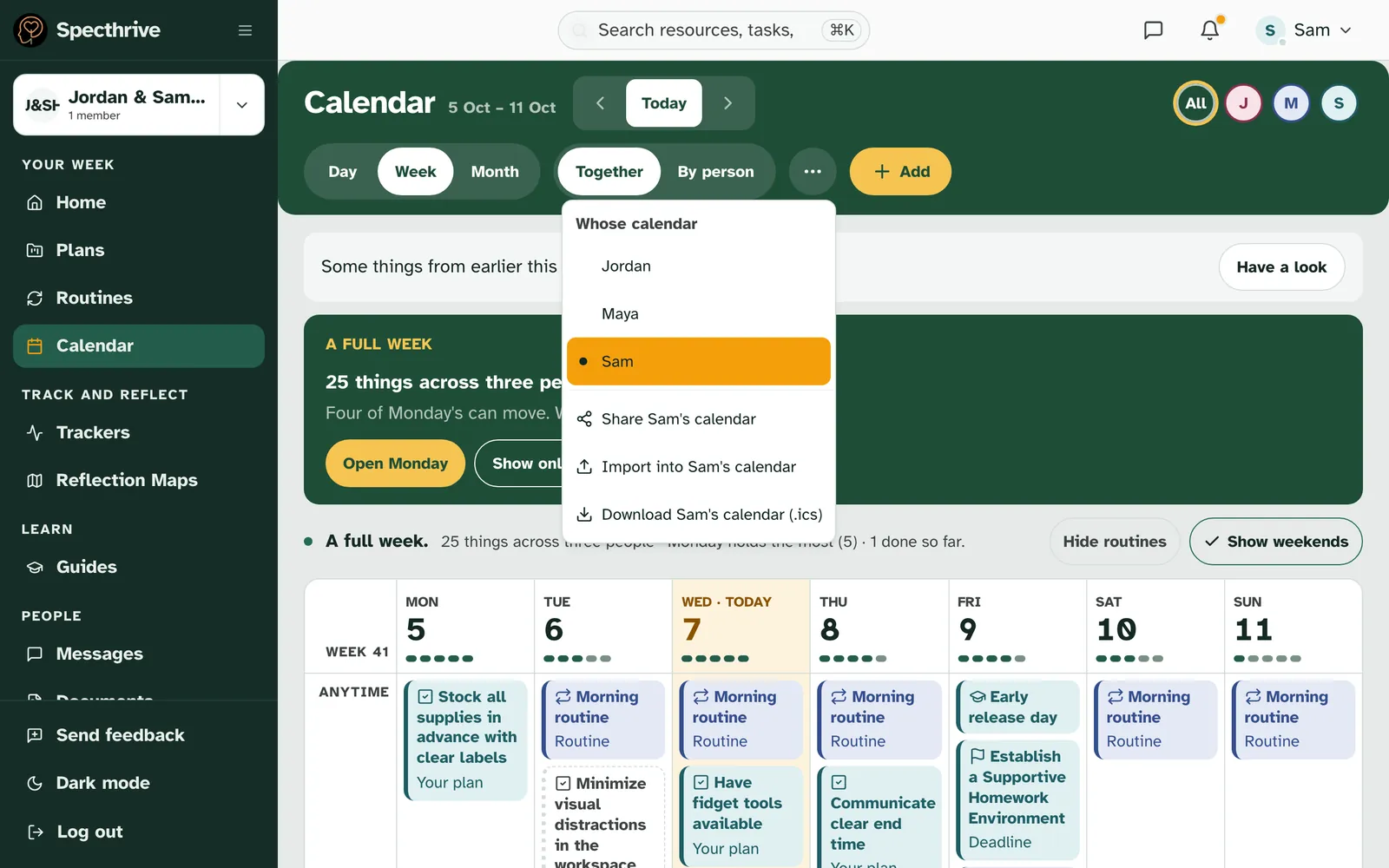 The calendar options menu open under Whose calendar with Sam chosen, offering Share Sam's calendar, Import into Sam's calendar and Download Sam's calendar (.ics)