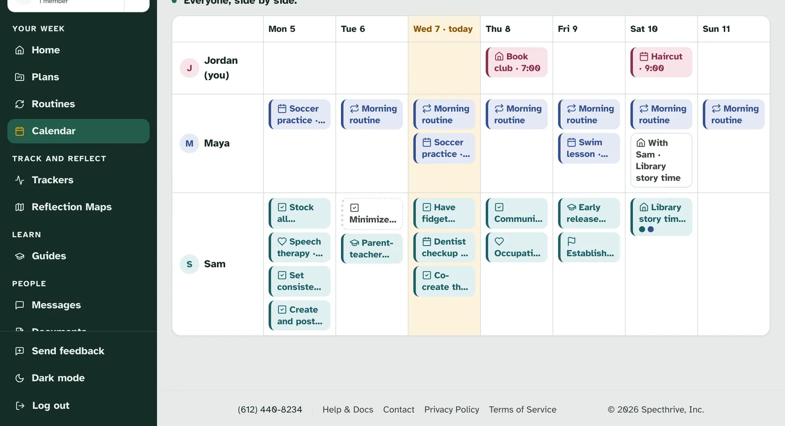 The By person layout, headed Everyone, side by side., with a row each for Jordan (you), Maya and Sam across Mon 5 to Sun 11, and With Sam · Library story time on Maya's row