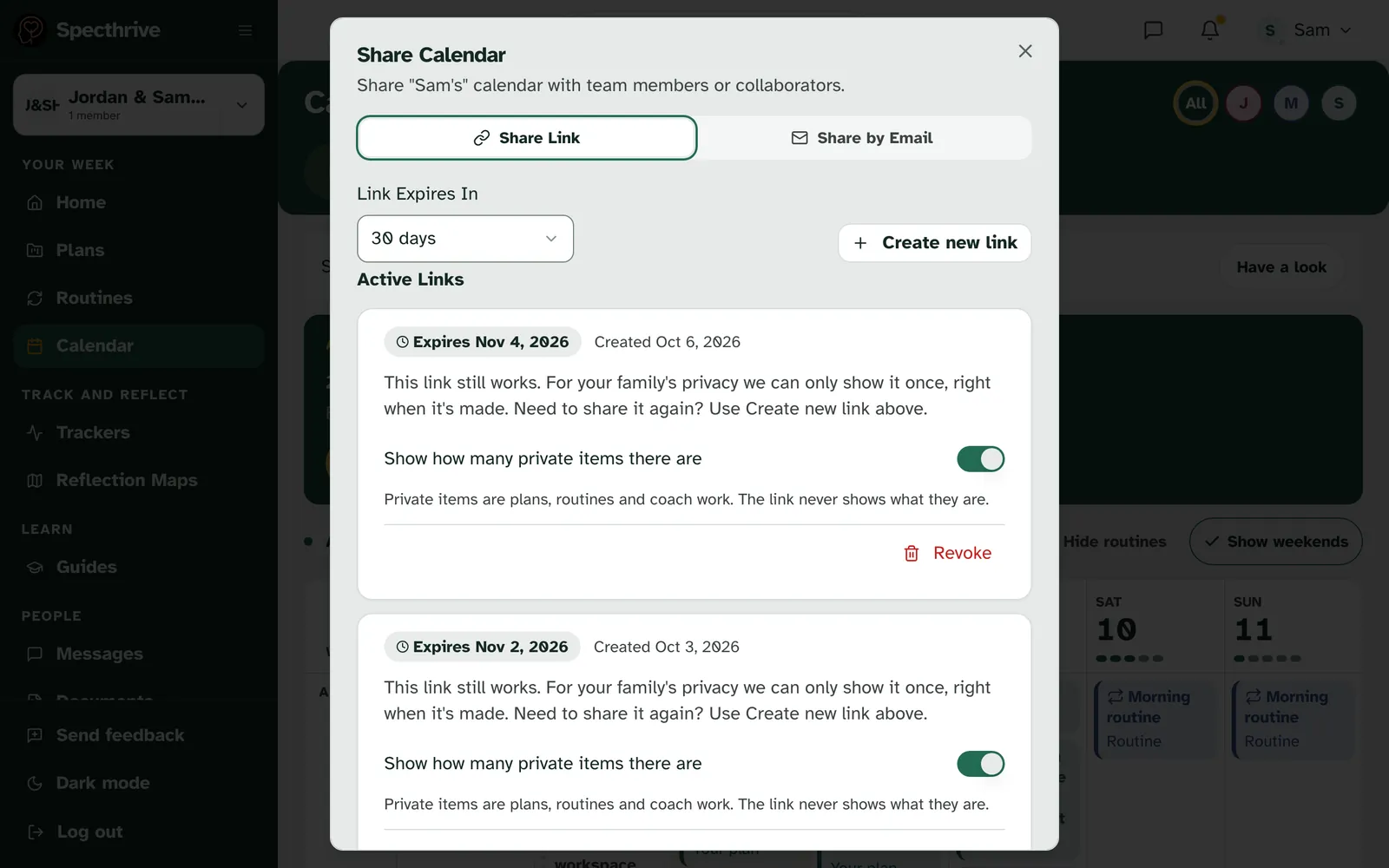 The Share Calendar window for Sam's calendar, with Link Expires In, Create new link, the active links and their Revoke buttons, and Show how many private items there are switched on