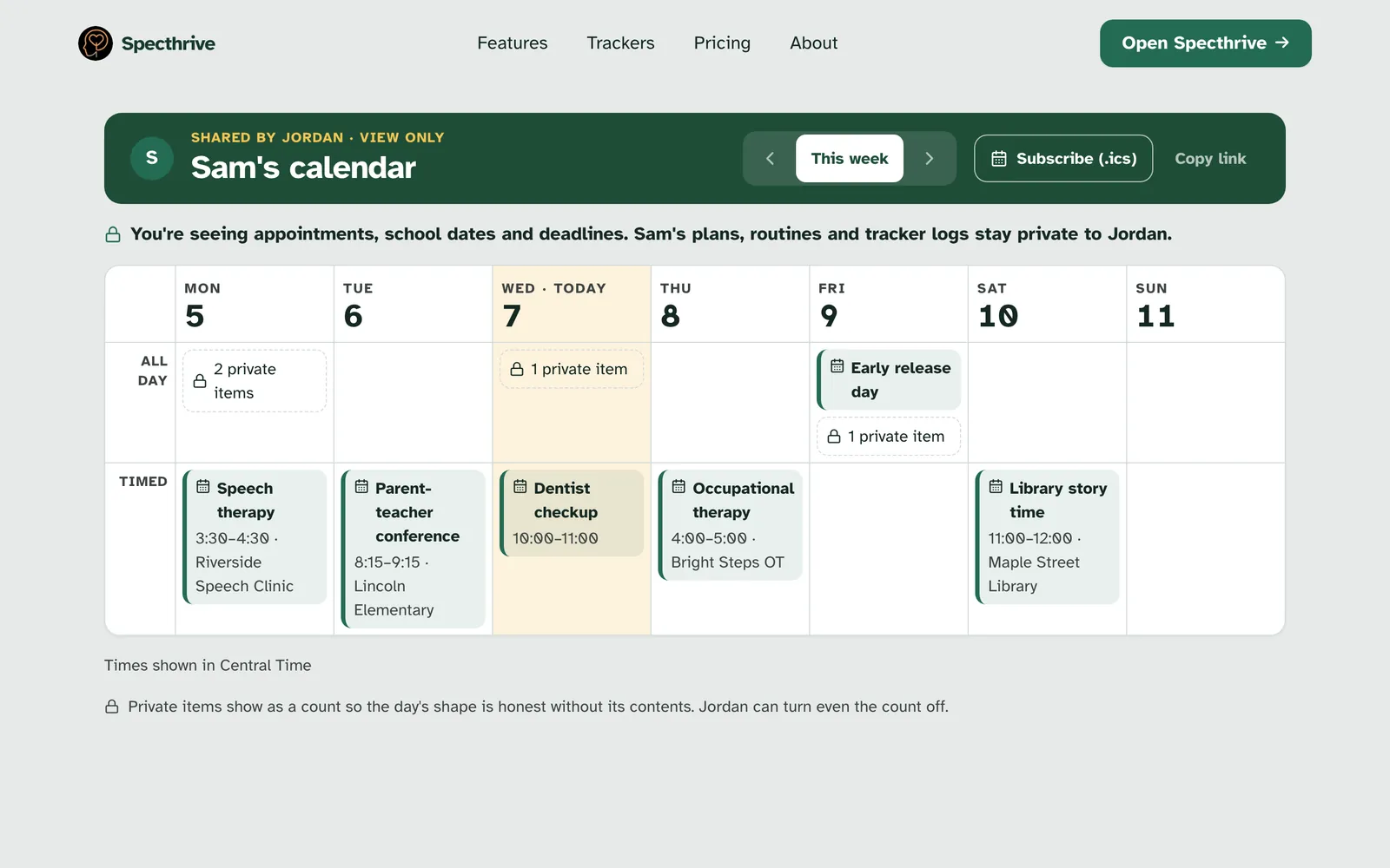 The shared page headed SHARED BY JORDAN · VIEW ONLY, Sam's calendar, with This week, Subscribe (.ics) and Copy link, a note on what stays private, and the week with private items shown as a count