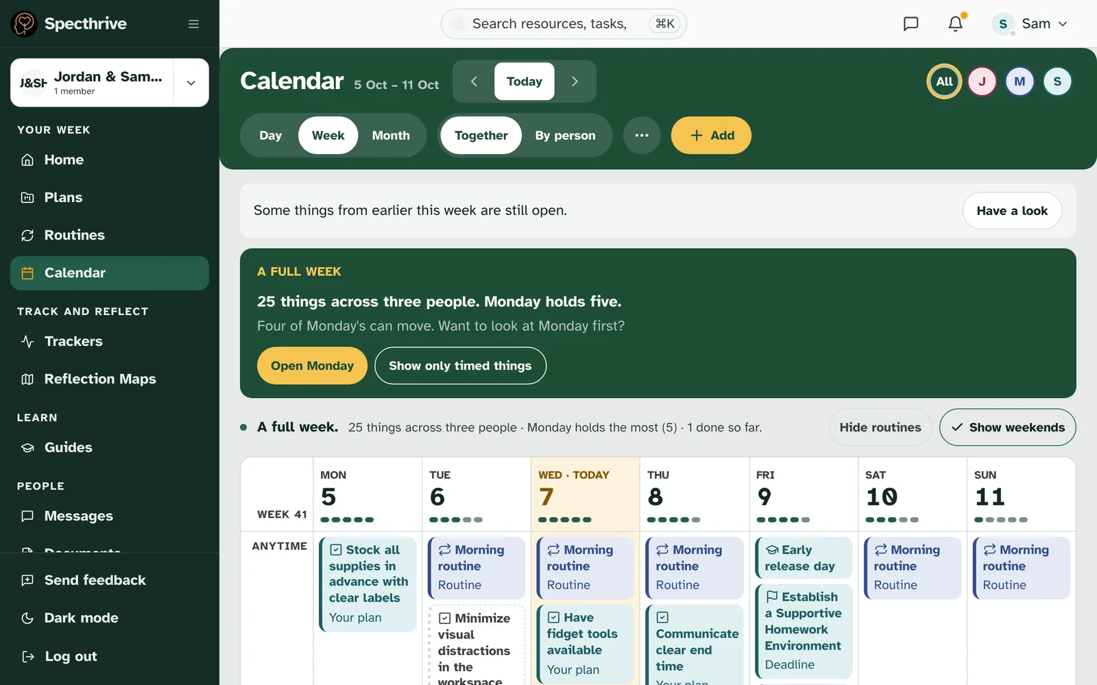 The calendar on a computer for the week of 5 Oct to 11 Oct, with All, J, M and S circles for each person, Day, Week and Month, Together and By person, and Add, above the week's days with routines and plan to-dos in the ANYTIME row