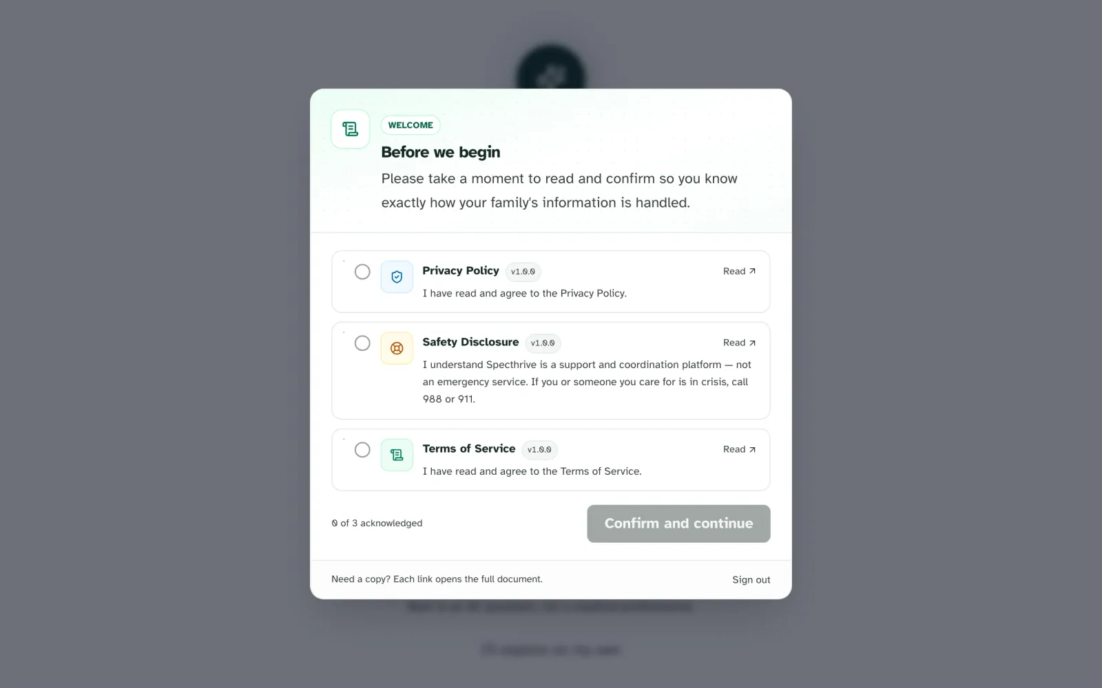 The Before we begin window listing the Privacy Policy, Safety Disclosure and Terms of Service, each with a checkbox and a Read link