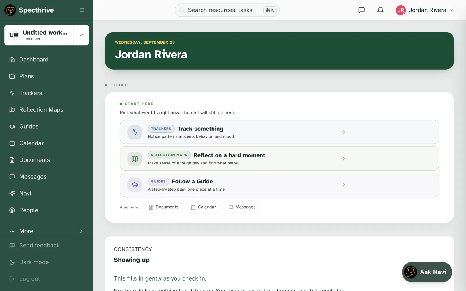 The dashboard for Jordan Rivera, with a Start here card offering Track something, Reflect on a hard moment and Follow a Guide