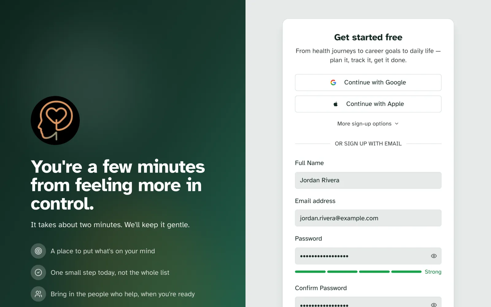 The Get started free sign-up page, with Google and Apple buttons above an email form filled in for Jordan Rivera
