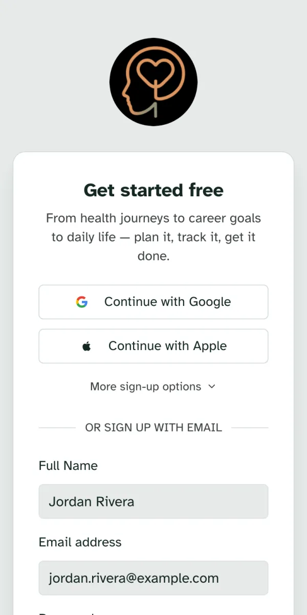 The same sign-up page on a phone