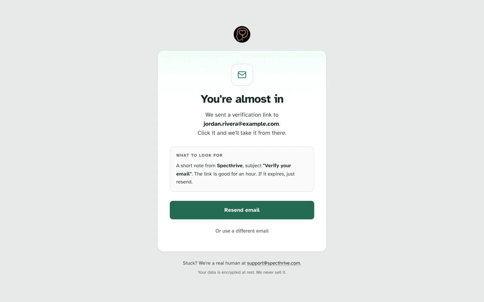 The You're almost in screen, showing the address the link was sent to and a Resend email button