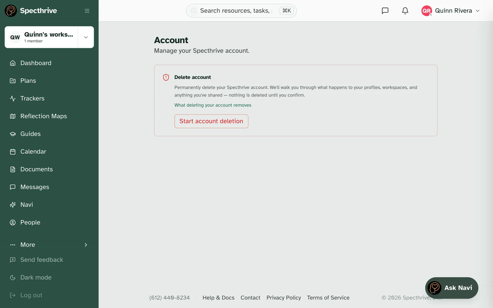 Settings, Account, with the Delete account card, the link to this guide and the Start account deletion button