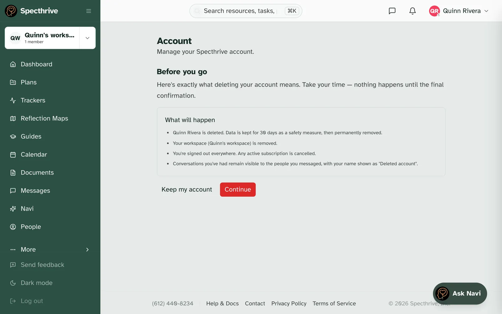 Before you go, with the What will happen list for one account, and the Keep my account and Continue buttons