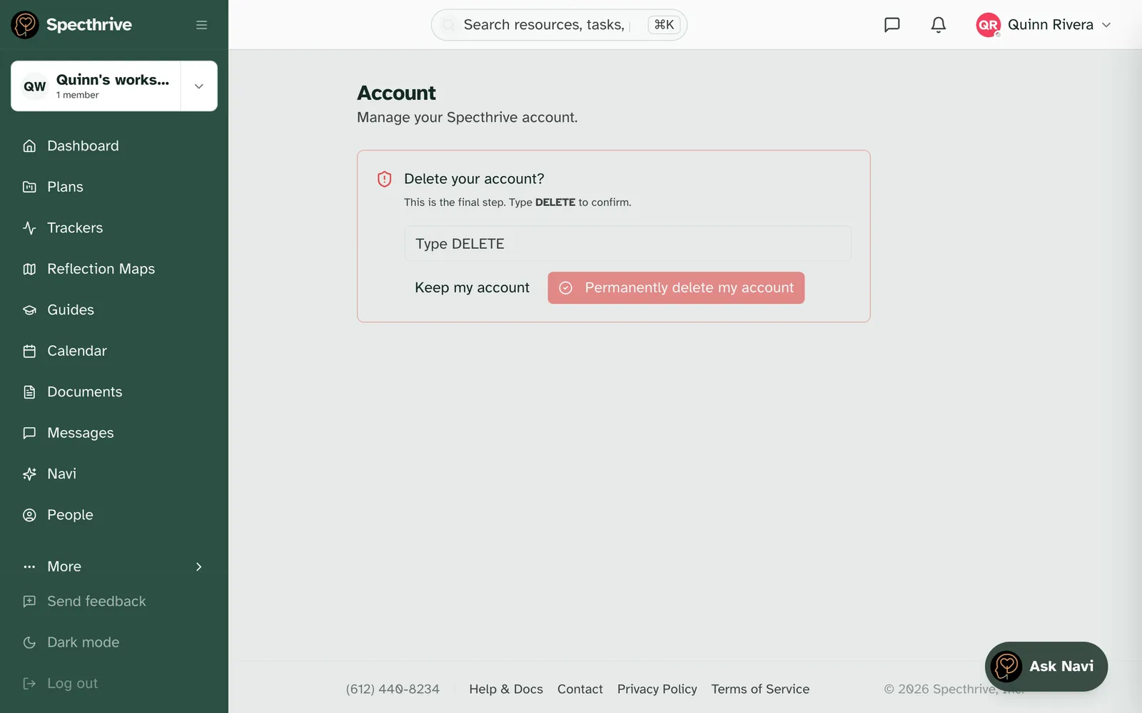 The final step: Delete your account? with the Type DELETE box, Keep my account, and Permanently delete my account