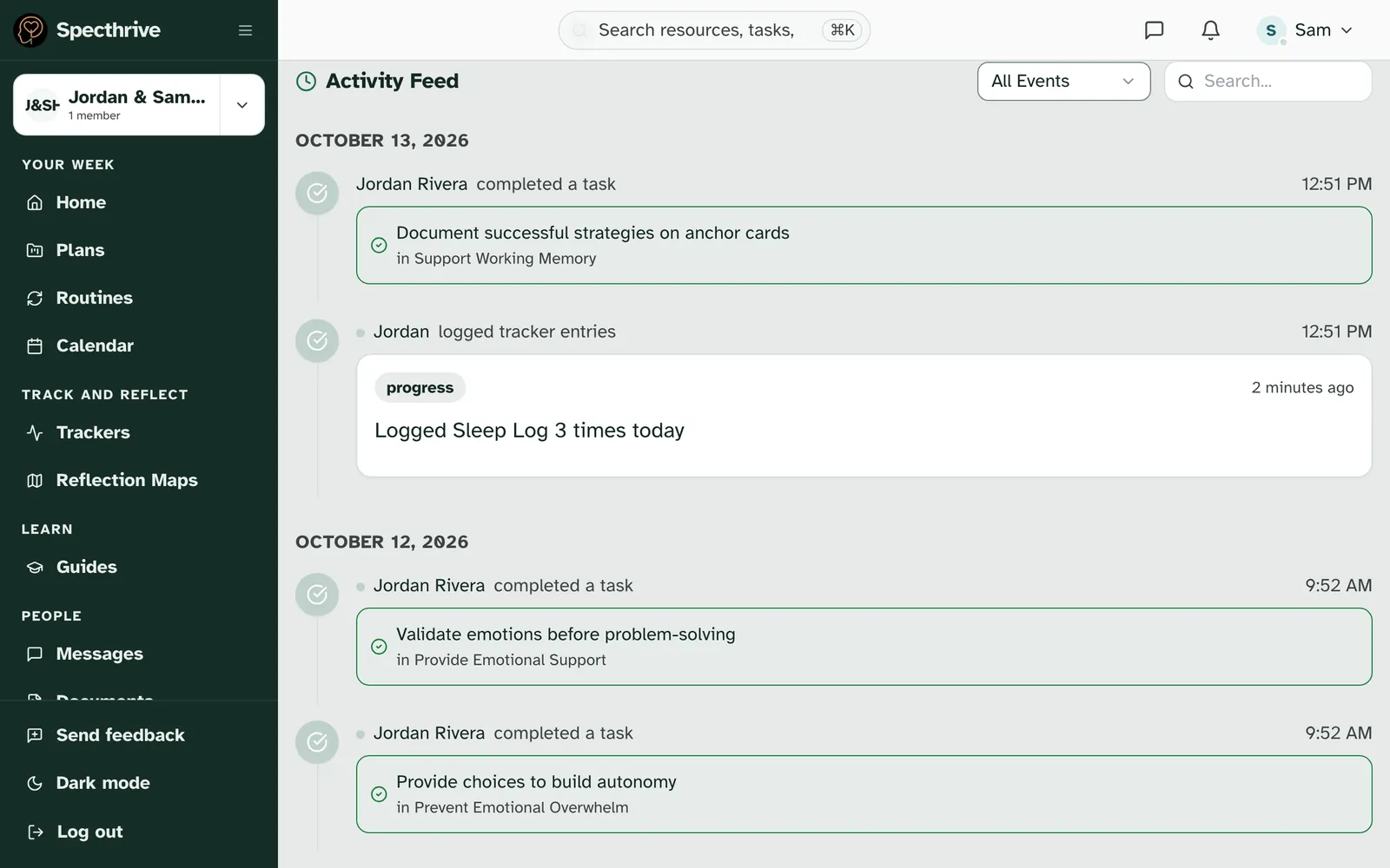The Activity Feed for October 13, with a completed task and one folded row reading Logged Sleep Log 3 times today, then two tasks from October 12