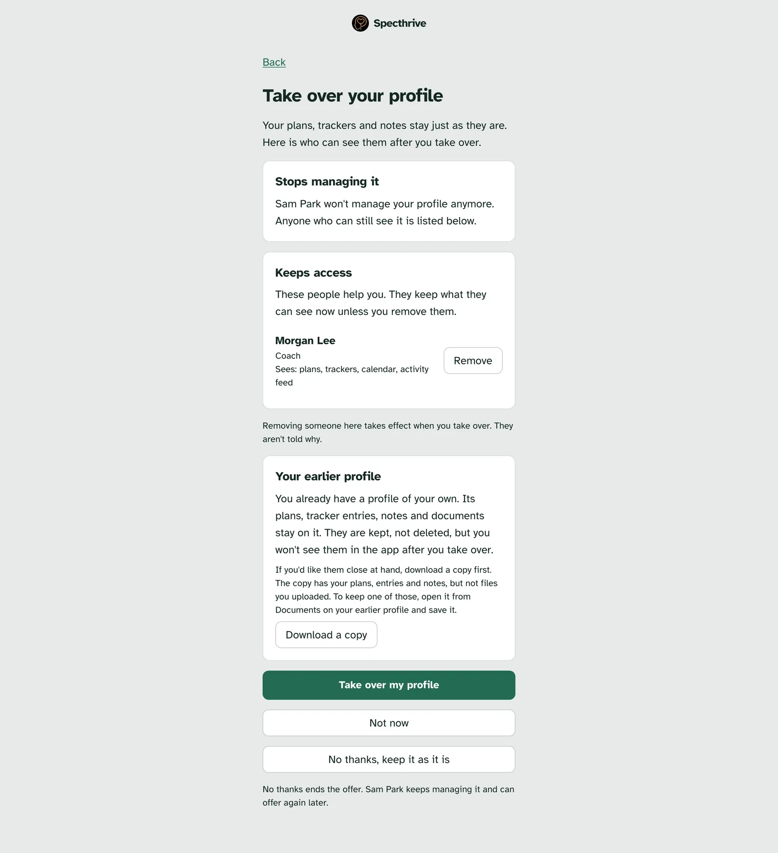 Take over your profile, with Stops managing it, Keeps access listing Morgan Lee, and Take over my profile