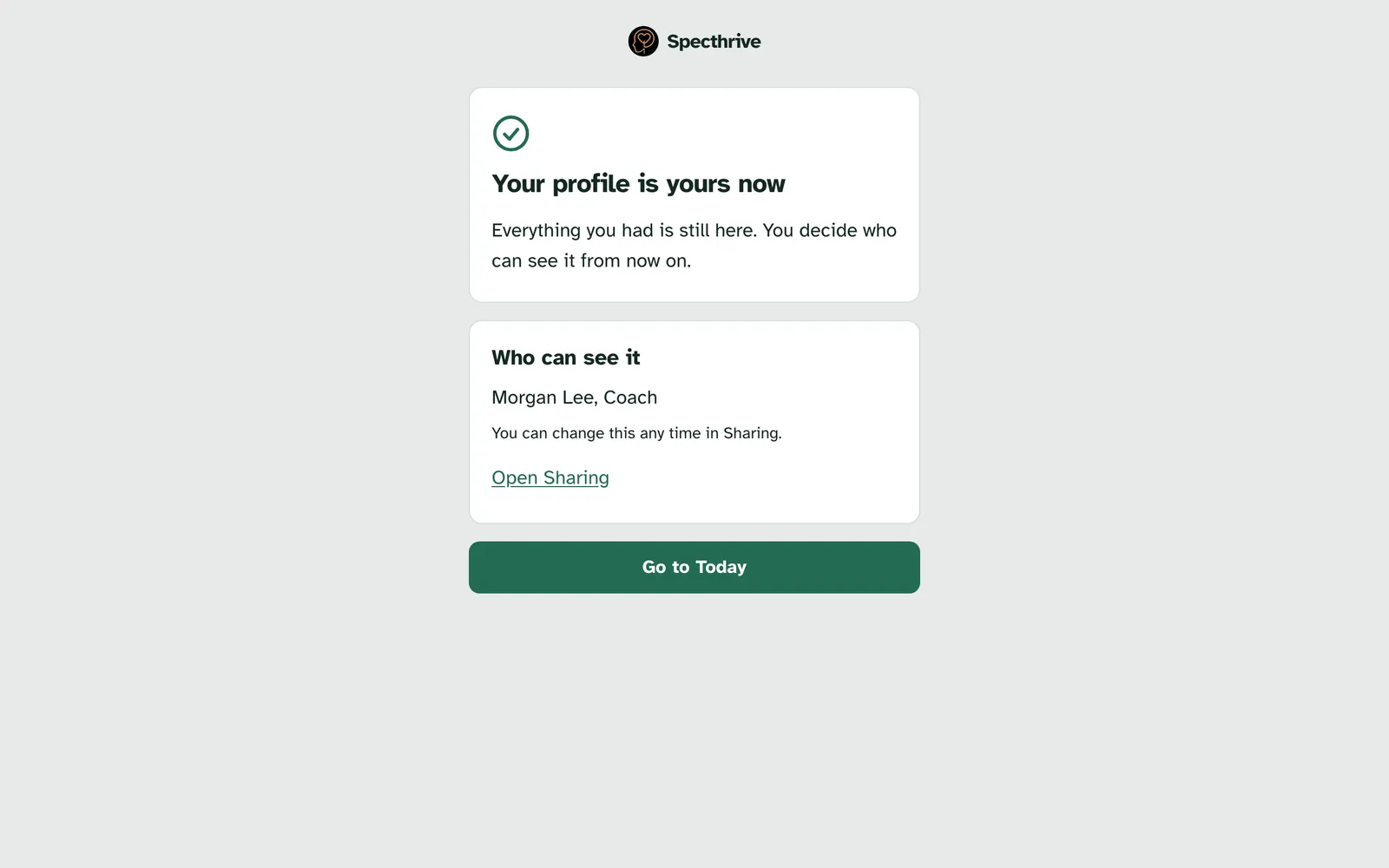 Your profile is yours now, with Who can see it listing Morgan Lee, Coach