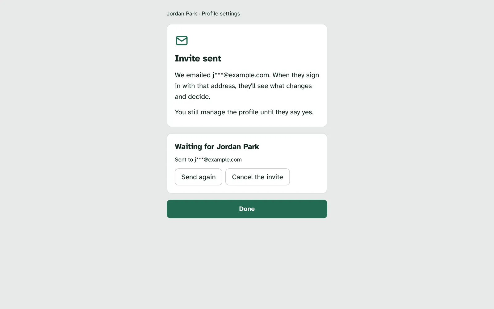Invite sent, with Waiting for Jordan Park, Send again and Cancel the invite