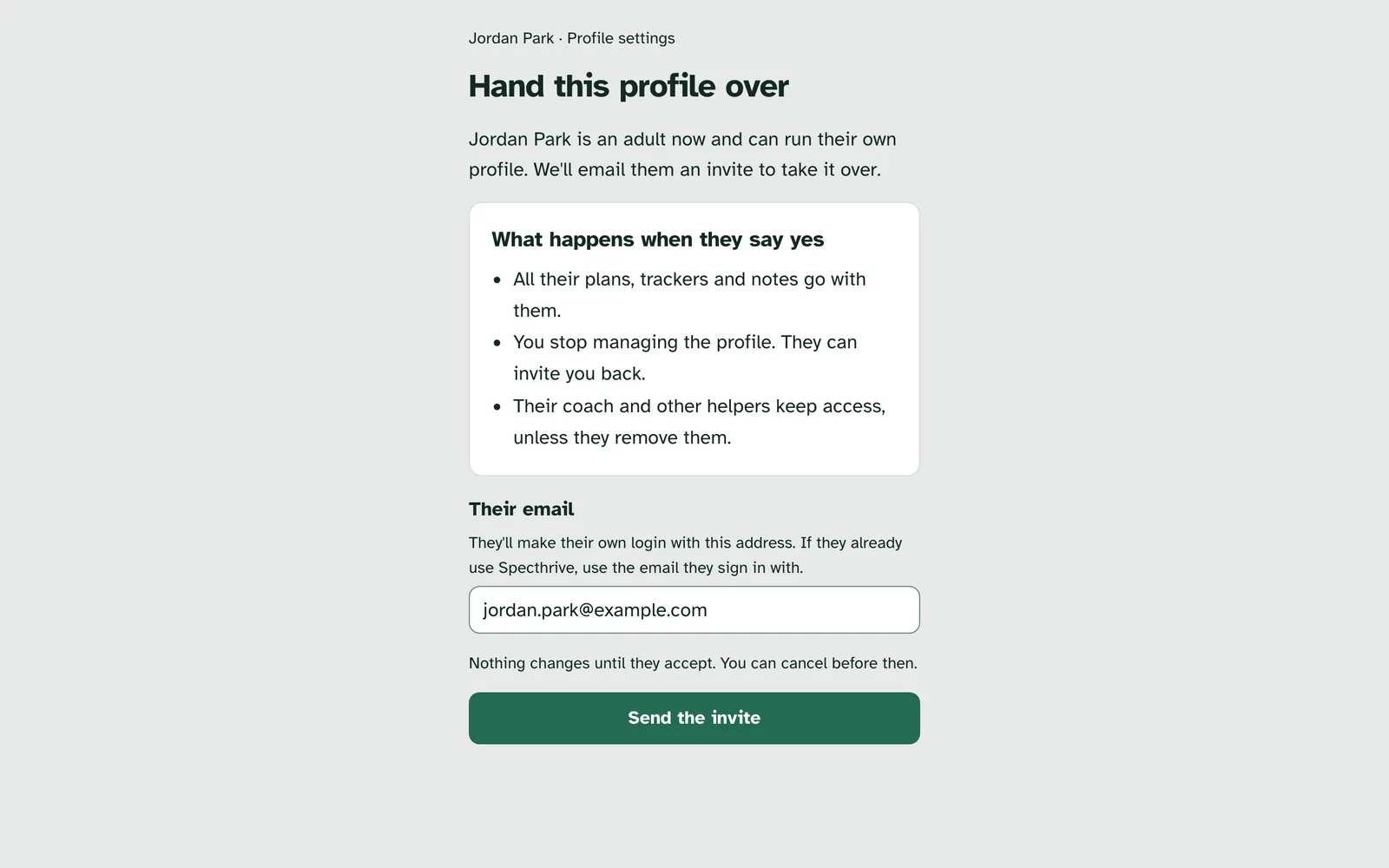 Hand this profile over, with what happens when they say yes, a box for their email and Send the invite
