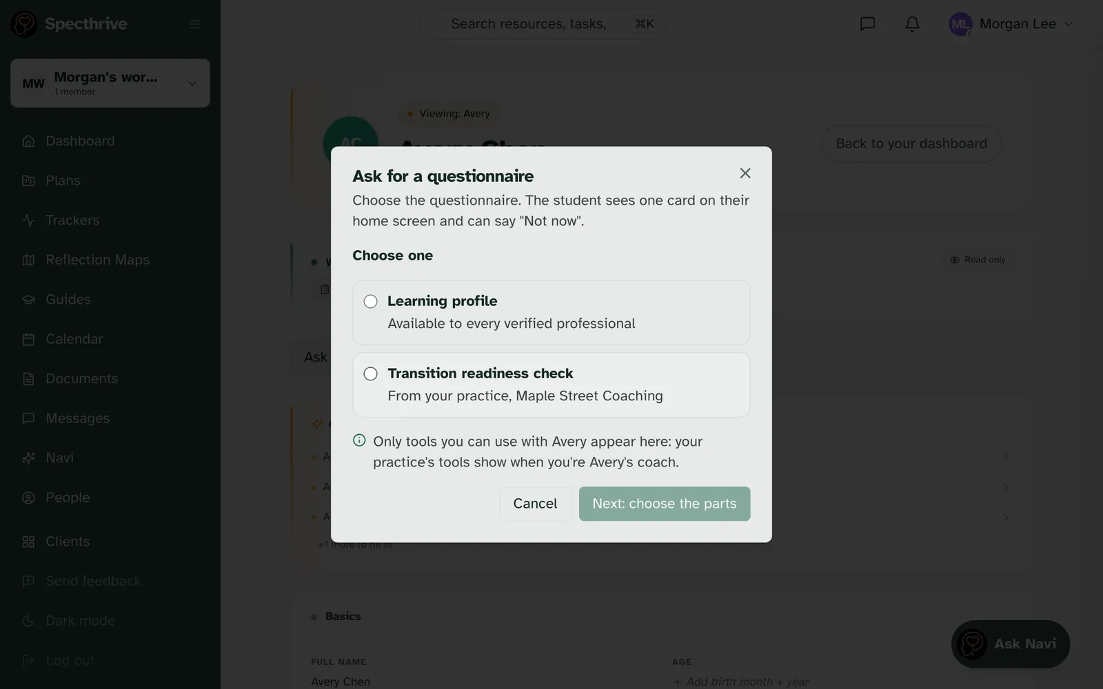 The Ask for a questionnaire window listing Learning profile, Available to every verified professional, and Transition readiness check, From your practice, Maple Street Coaching