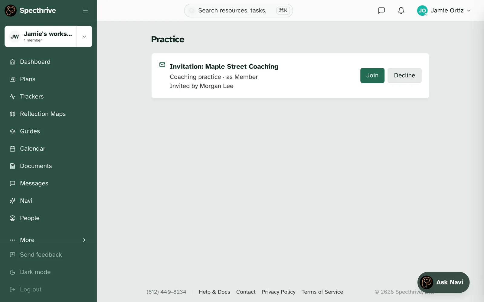 Settings, Practice, showing Invitation: Maple Street Coaching, as Member, Invited by Morgan Lee, with Join and Decline