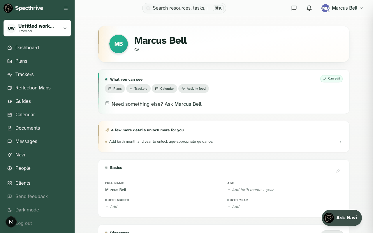 A client's profile as a professional sees it, showing only the areas that have been shared