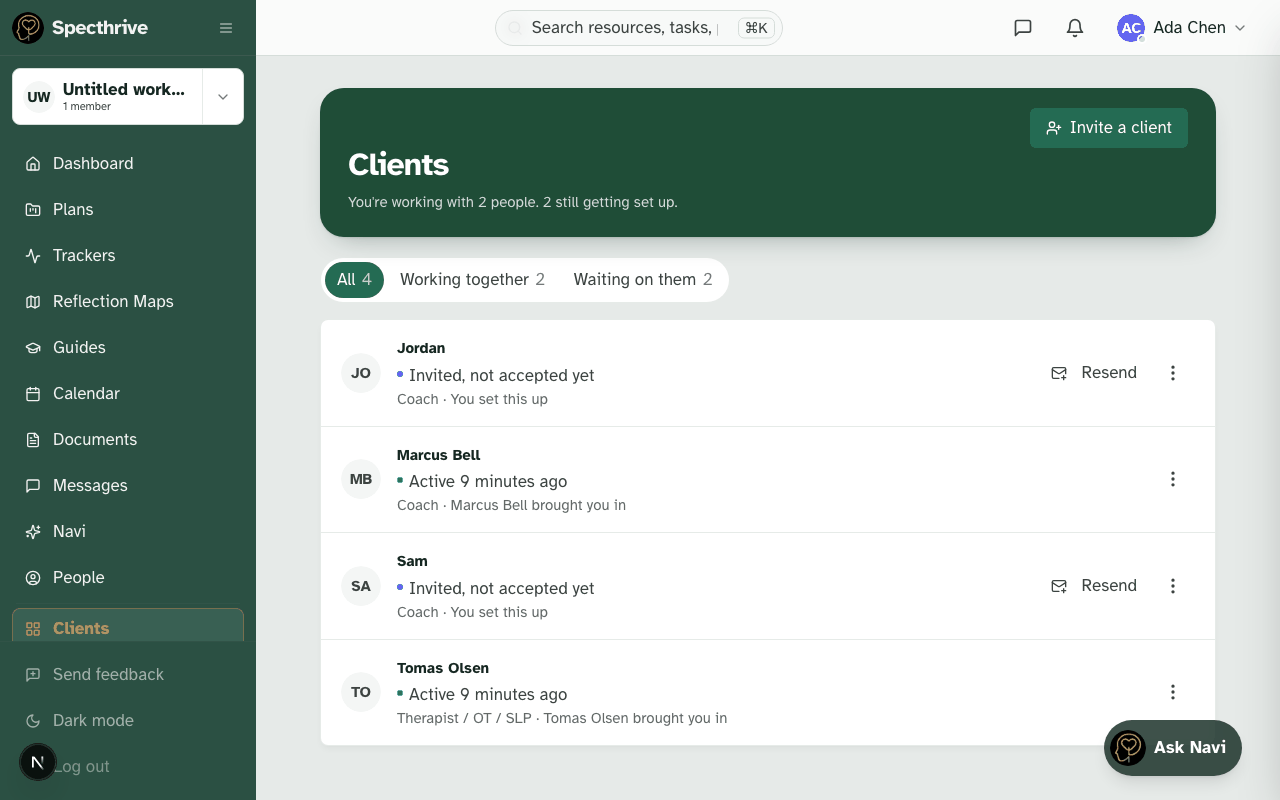 The Clients page listing several people, each with a status dot and a short line about where things stand