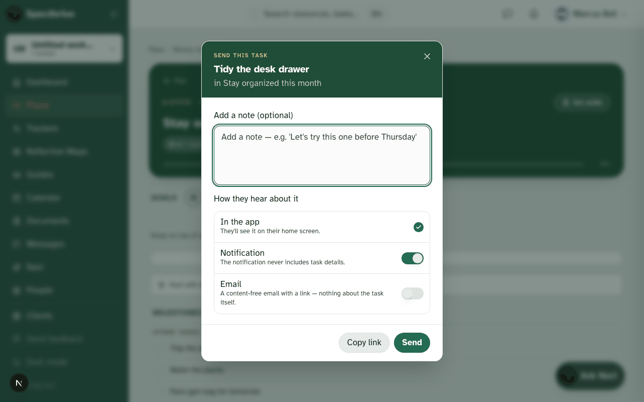 The "Send this task" sheet, open over the task, with the optional note field and the delivery choices above Copy link and Send