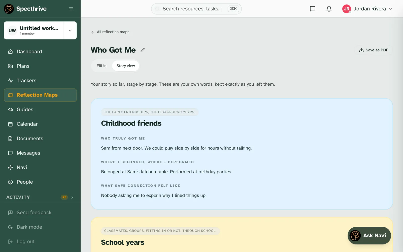 The Story view of Who Got Me, showing the Childhood friends stage as flowing text under each question