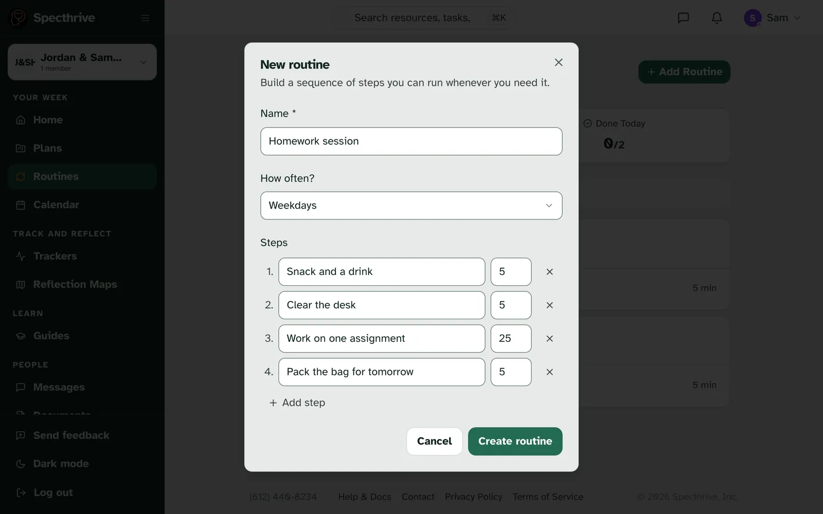The New routine window, with Homework session as the name, Weekdays under How often?, and four steps with their minutes