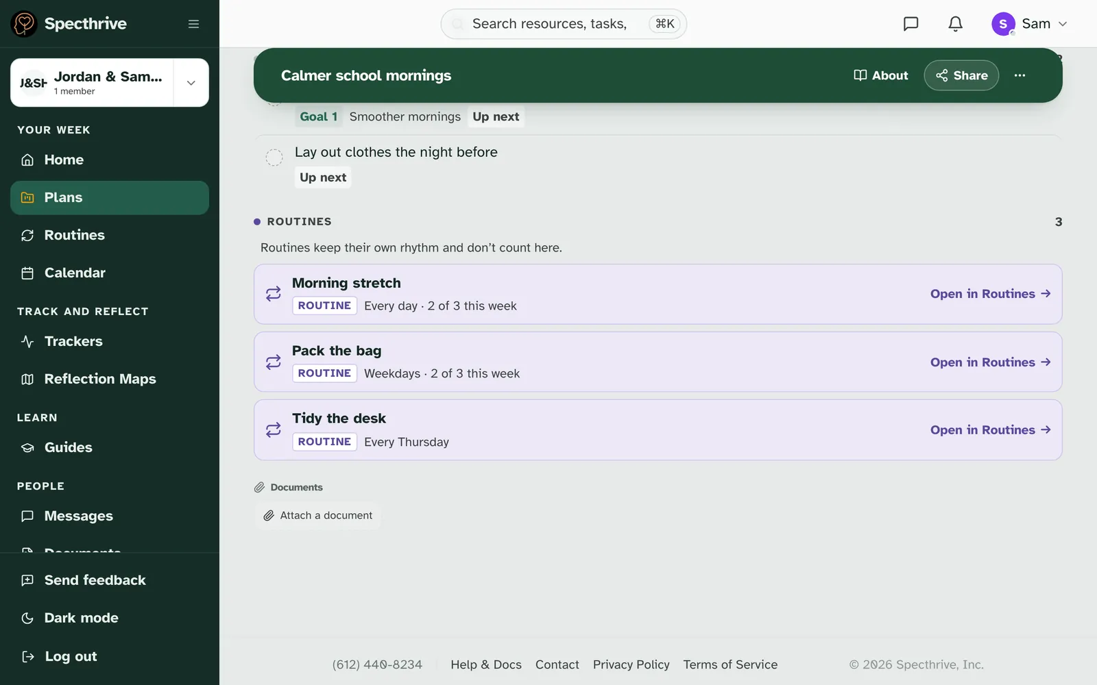 A plan's Routines section with the note Routines keep their own rhythm and don’t count here., and rows for Morning stretch, Pack the bag and Tidy the desk, each with its rhythm and Open in Routines
