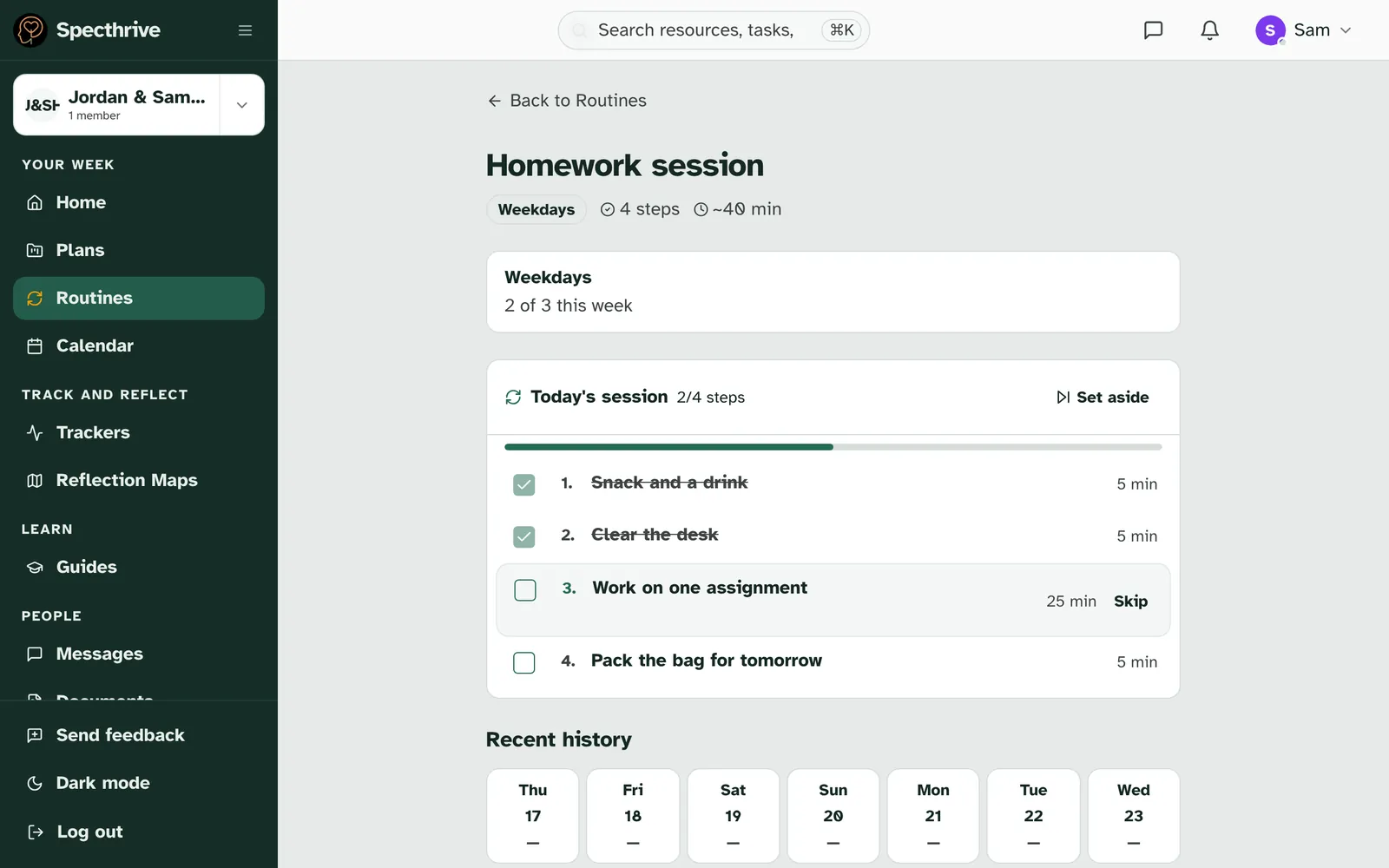 Homework session's own page: Weekdays, 4 steps, about 40 minutes, 2 of 3 this week, and Today's session with two of its four steps ticked