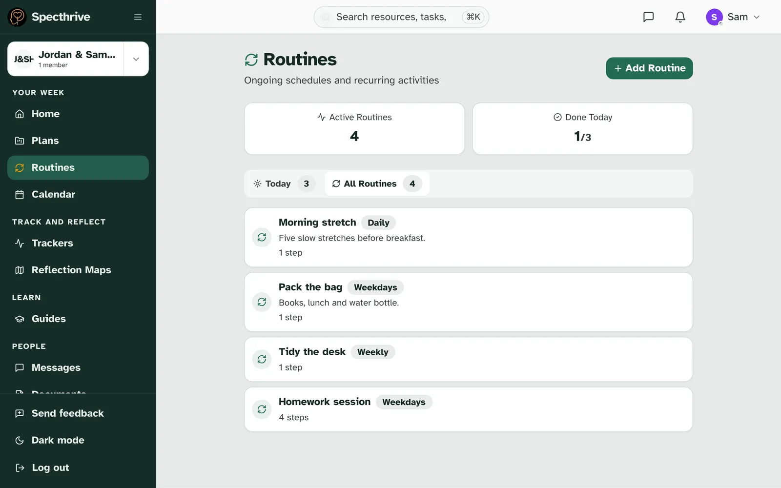 The Routines page for Sam, on the All Routines tab: Morning stretch, Pack the bag, Tidy the desk and Homework session, each with how often it runs and its steps