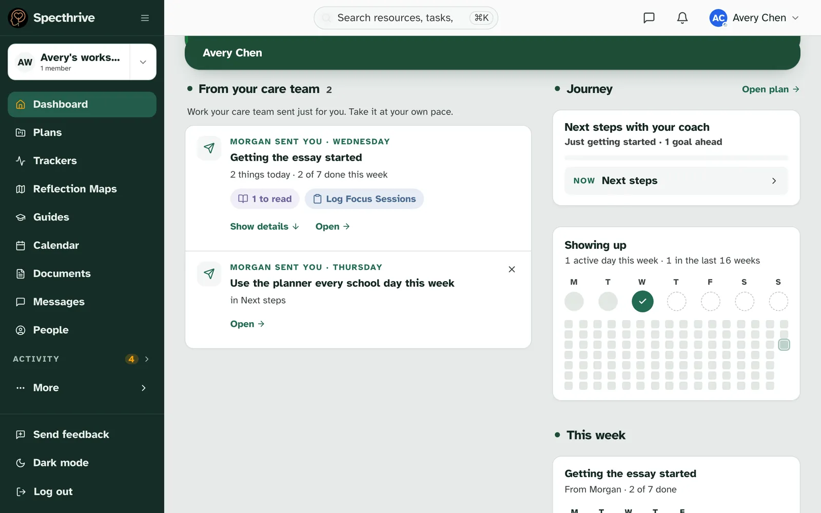 From your care team on Avery's Home, with Morgan sent you · Wednesday, Getting the essay started, 2 things today · 2 of 7 done this week, 1 to read, Log Focus Sessions, Show details and Open
