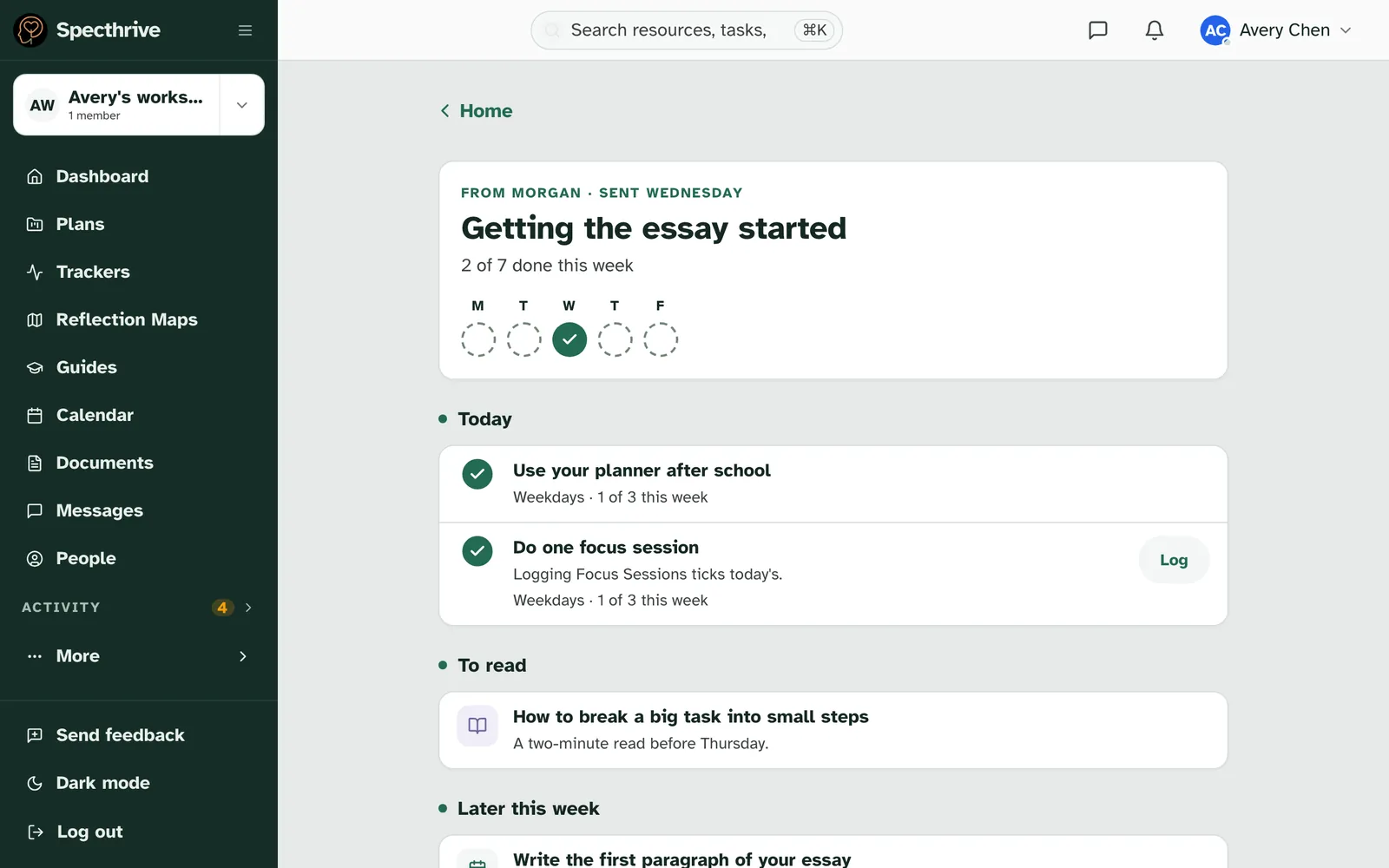 The week of Getting the essay started, From Morgan · Sent Wednesday, 2 of 7 done this week, Wednesday filled in, then Today with Use your planner after school and Do one focus session both ticked, and To read below