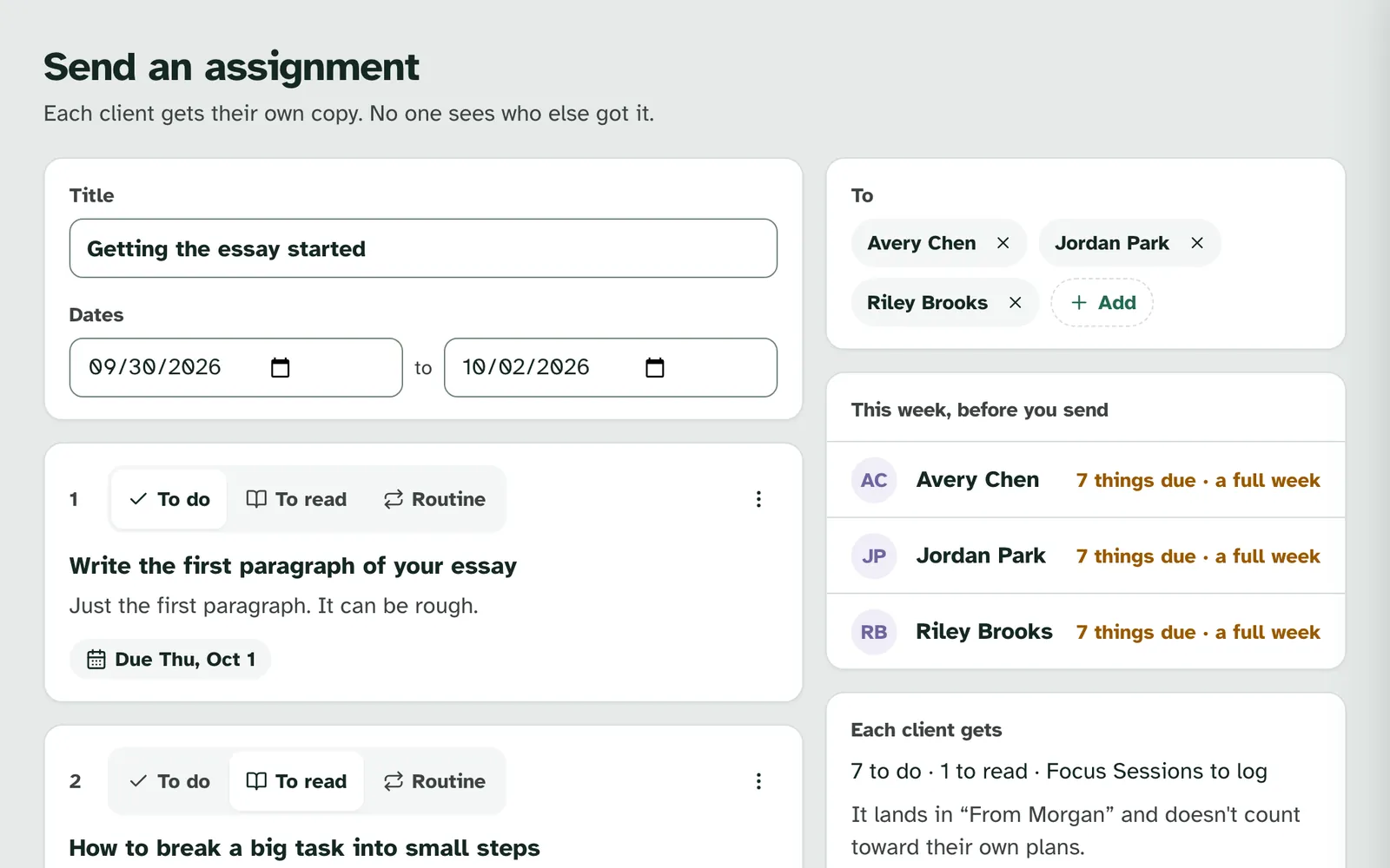 Send an assignment, with the title Getting the essay started, dates from September 30 to October 2, Avery Chen, Jordan Park and Riley Brooks under To, the first items below, and on the right This week, before you send and Each client gets