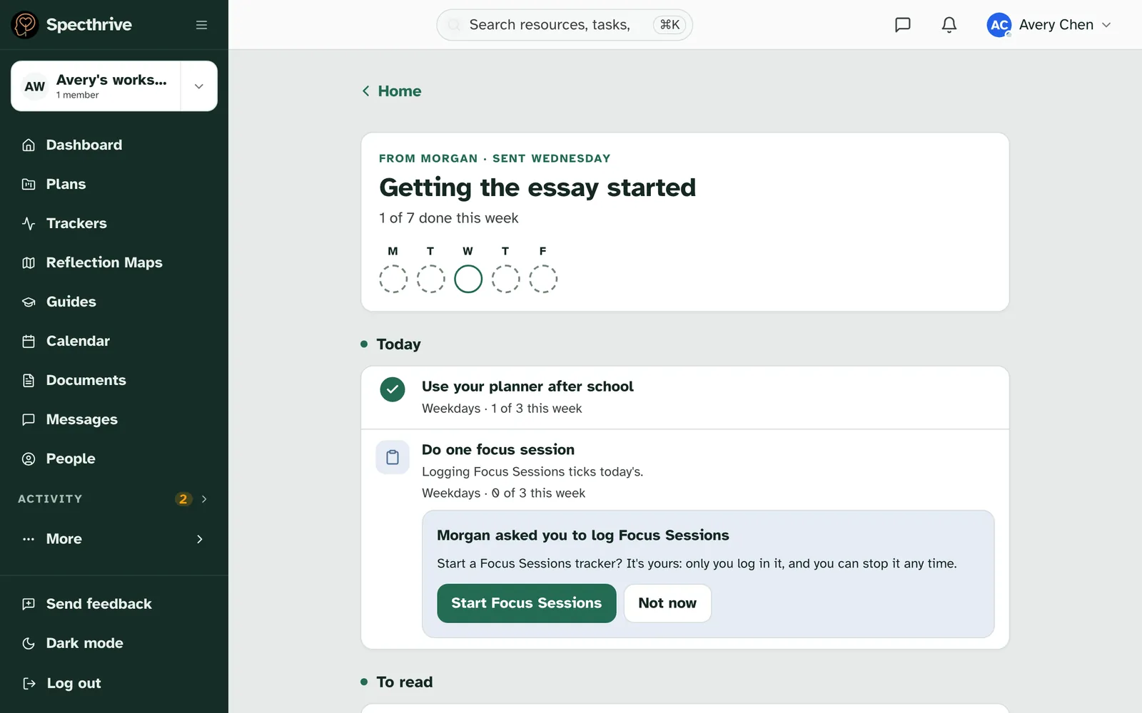 Do one focus session on the week, with Morgan asked you to log Focus Sessions, Start a Focus Sessions tracker? It's yours: only you log in it, and you can stop it any time., and Start Focus Sessions and Not now